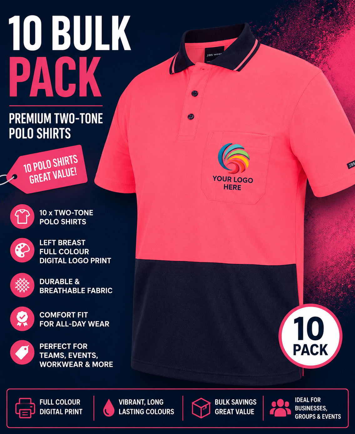 10 x Jb’s Printed Hi Vis Polo 6HVNC